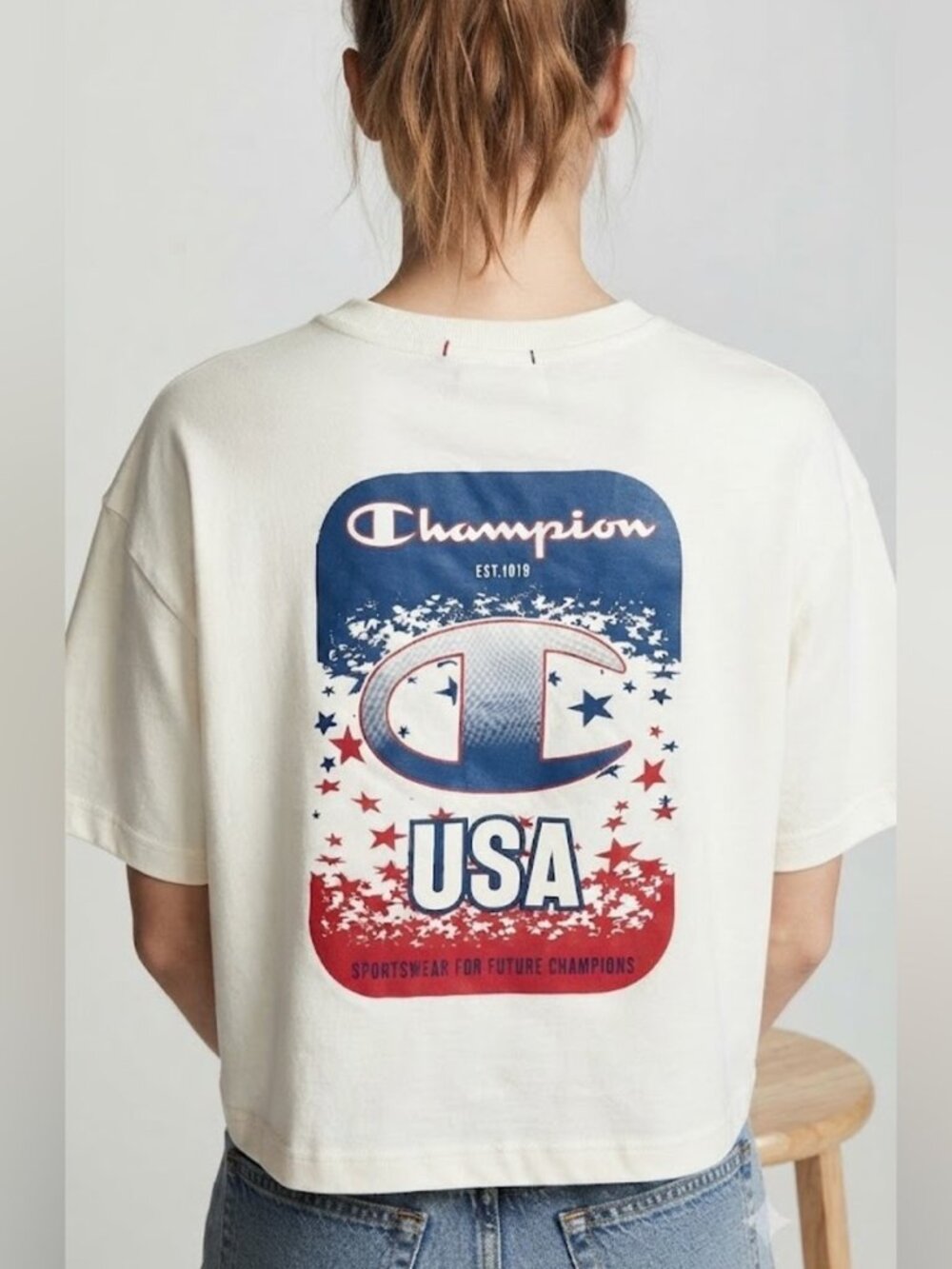 Champion Women's Off White Logo T Shirt Premium Sportswear Tee Size M NWT